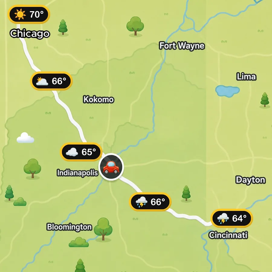 A map with weather pins at each hour along a route from Cincinnati to Chicago