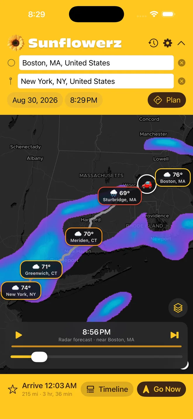 Route from Boston to New York with radar and hourly weather pins